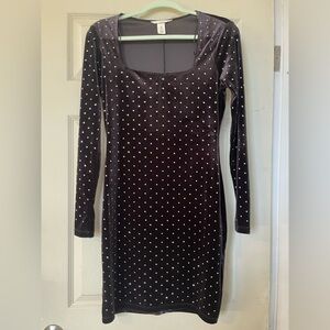 H&M Black Velvet Long-Sleeve Studded Bodycon Dress